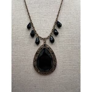 black teardrop pendant rhinestone necklace vintage-style aged brass setting goth